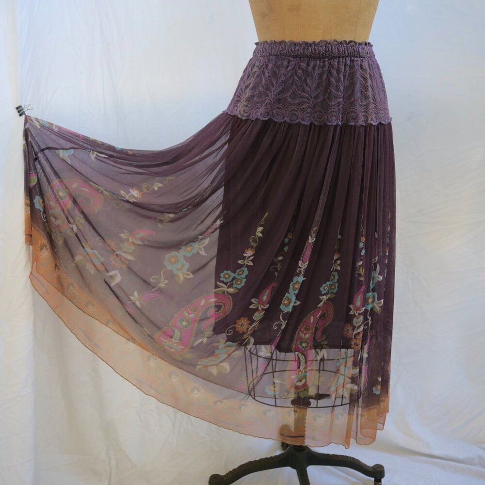 RIO COLLECTION Mauve Plum Floral Chiffon Full Soft Pleated Skirt Boho M/L EUC - Picture 2 of 9